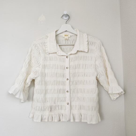 Maeve Anthropologie Ivory Textured Button Front Ruffle Blouse Top L - Picture 1 of 7